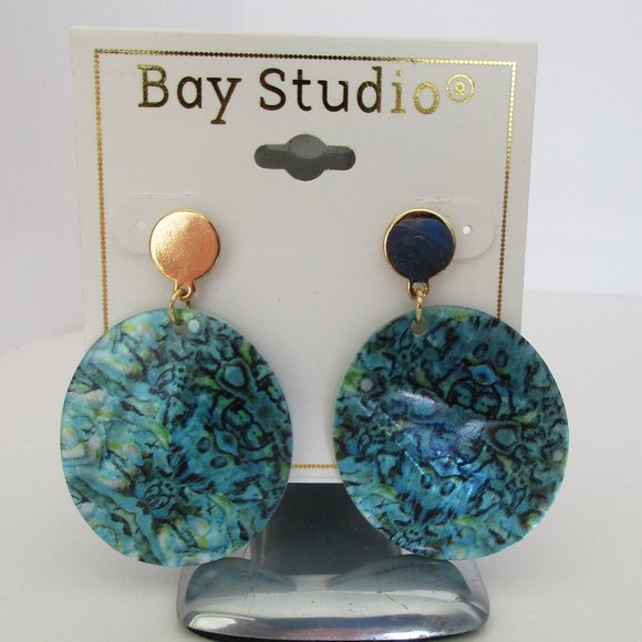 Bay Studio Abalone Shell Disc Pierced Dangle Earrings 2" H - Picture 1 of 2